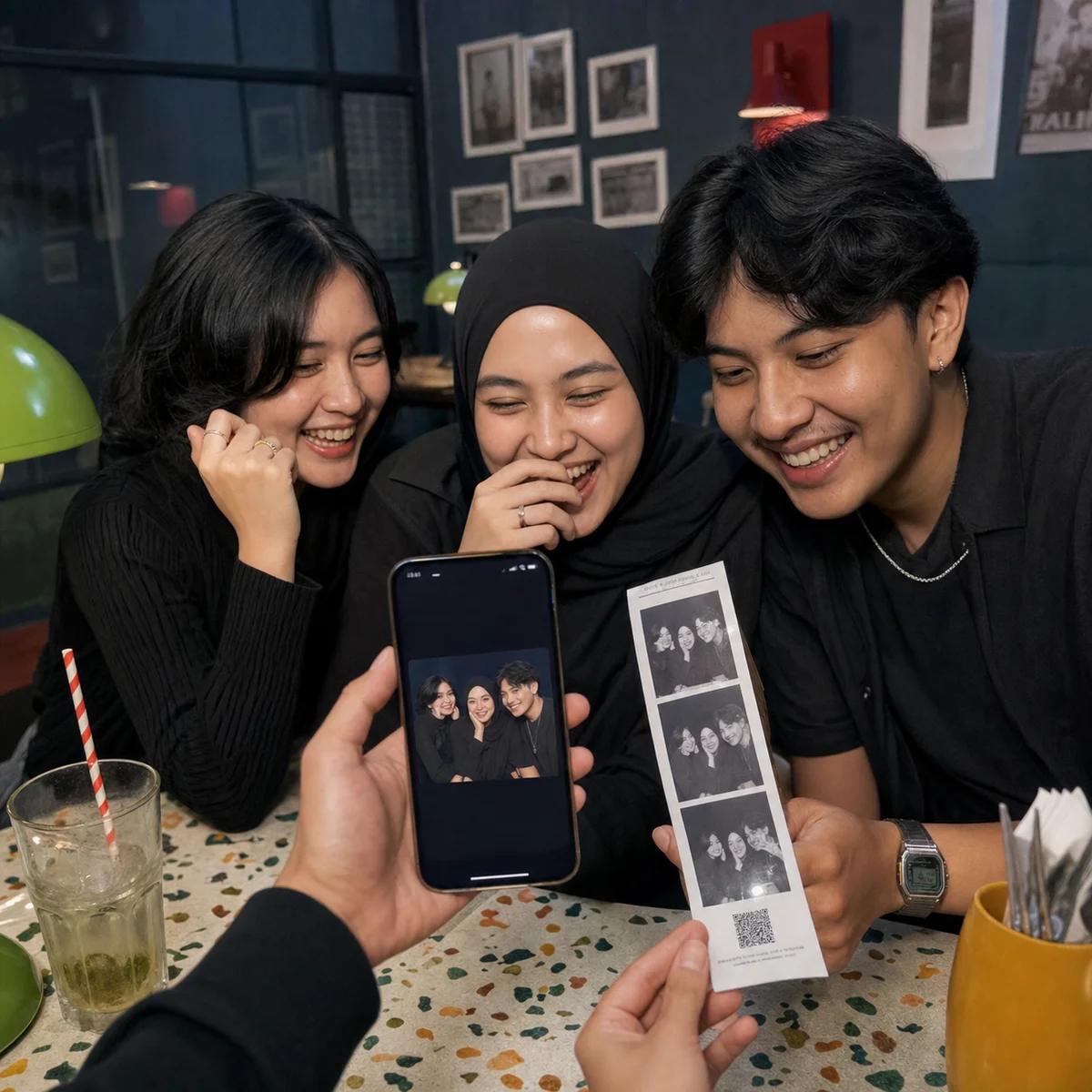 Three friends viewing the digital result on a phone