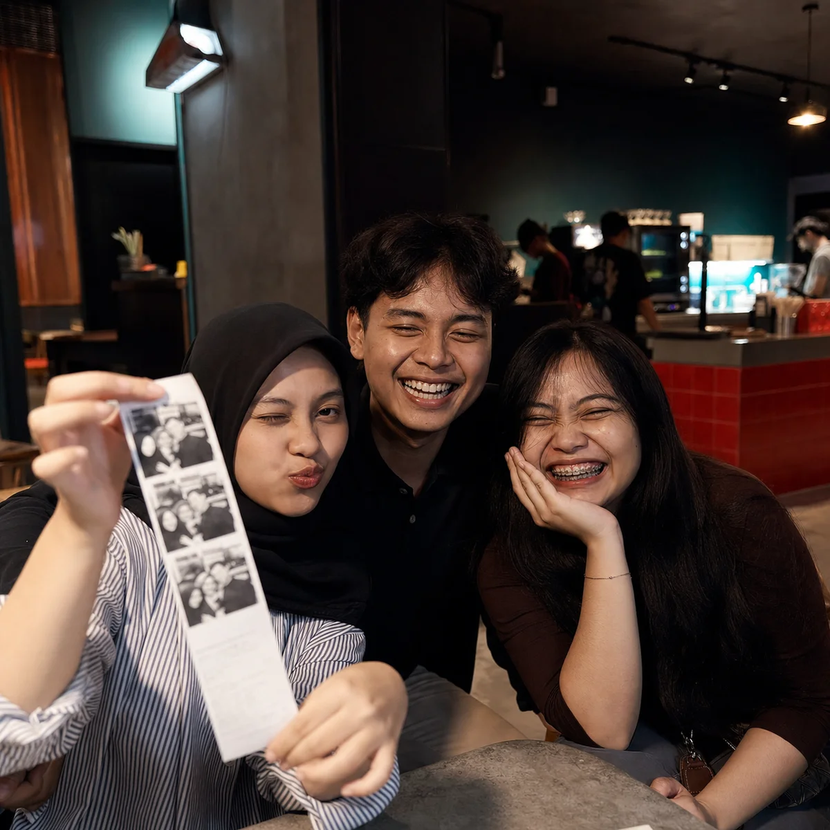 Three friends holding their photo receipt in a cafe