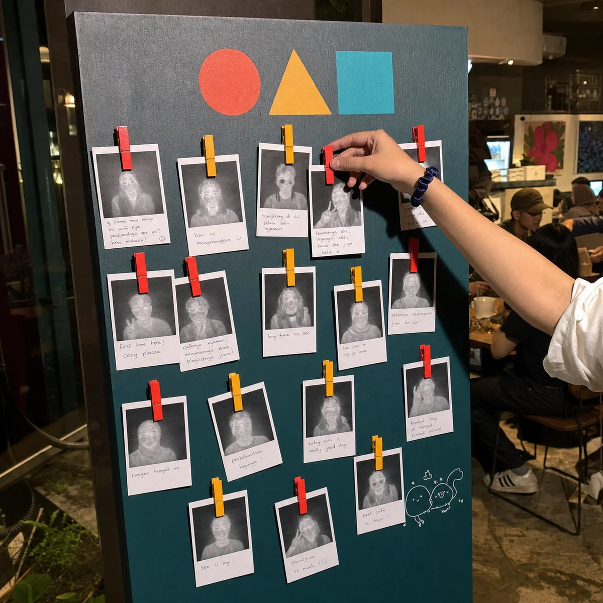 Social Booth board with voluntarily pinned photo receipts